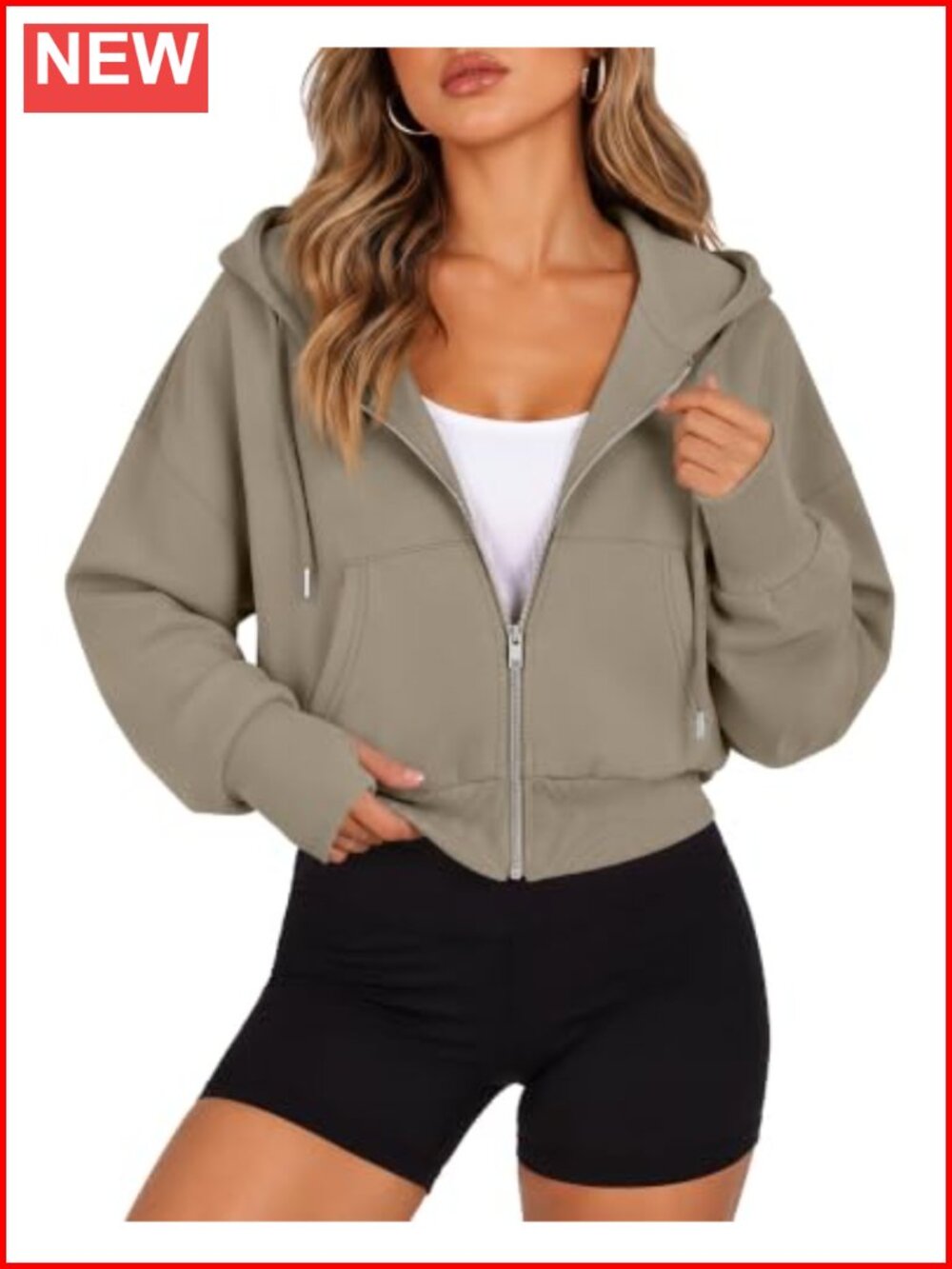 Women's Cropped Zip Up Hoodie Oversized Thumb Hole Polyester Jacket